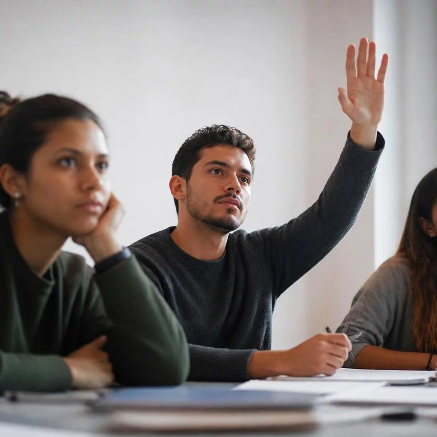 Roda de participantes; um deles repete em voz alta o argumento do colega antes de dar a resposta
