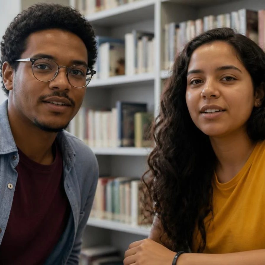 Dois participantes sentados frente a frente durante uma rodada de resposta, na sala da escola em Petrópolis